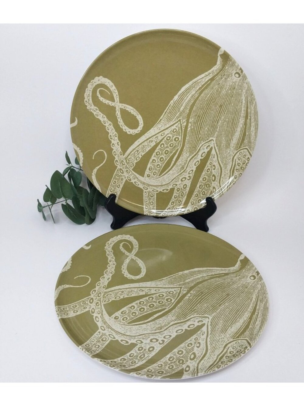 Thomas Paul Octopus Melamine Plates Set Of 2 Olive Green Ocean Coastal Nautical